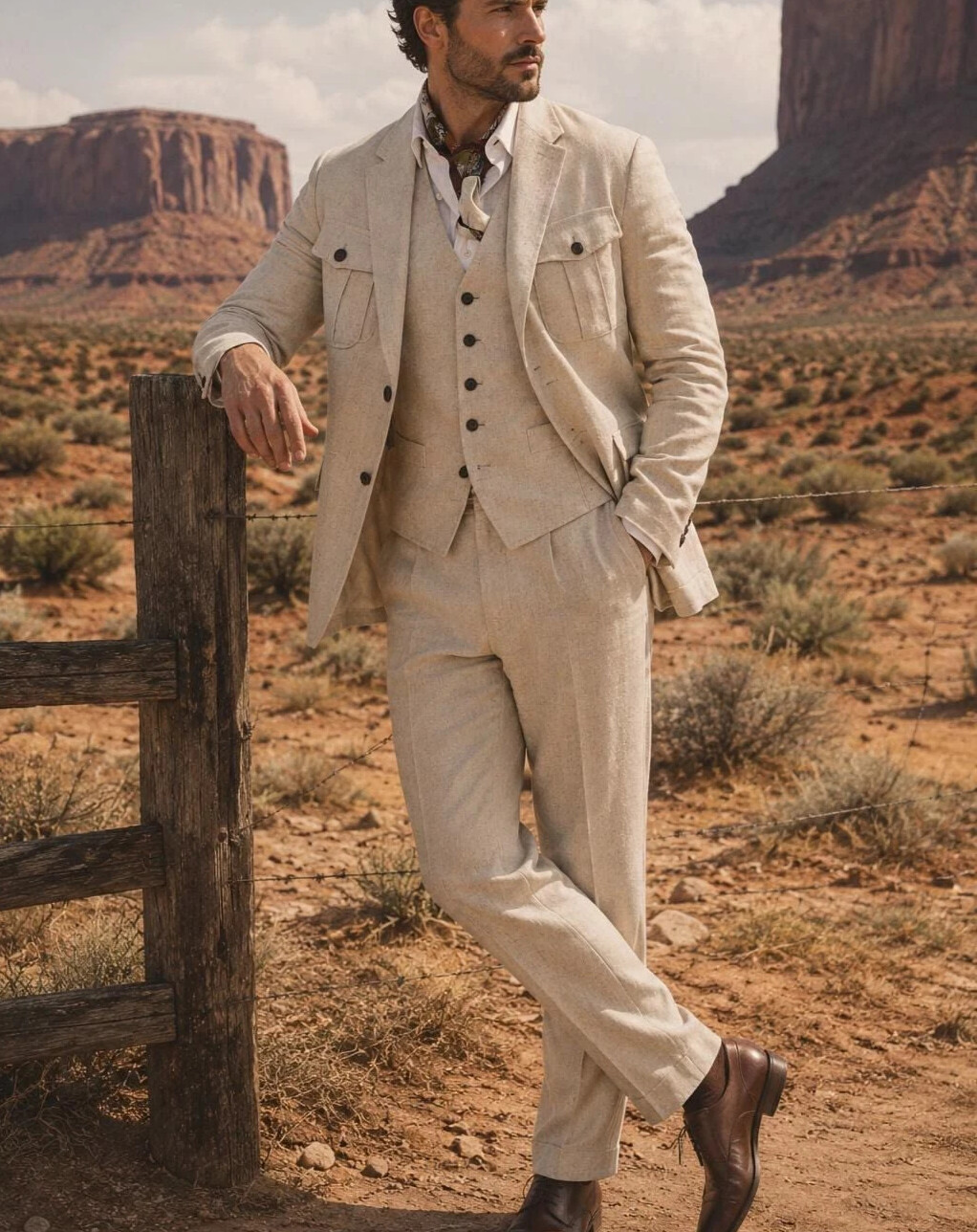 Beige Linen 3 Piece Safari Sui - đánh giá và giá Safari Outdoor Hunting Jackets